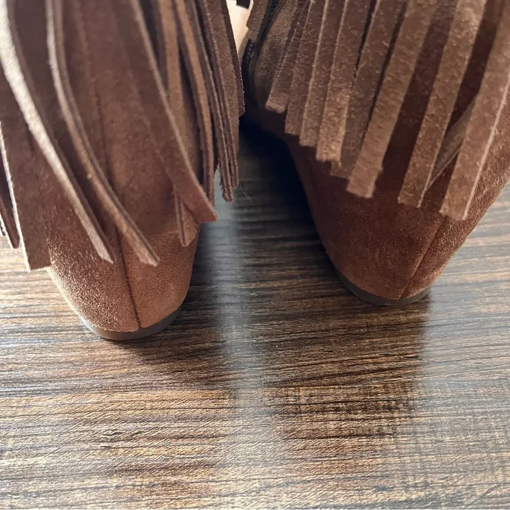 Comfortiva Riverton Brown Desert Tan Suede Leather Wedge Fringe Boot Size 8.5 M